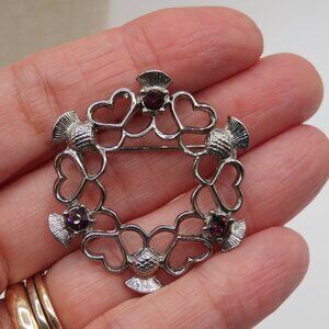 Alliance Scottish Thistle Purple Rhinestone Brooch Silver Tone